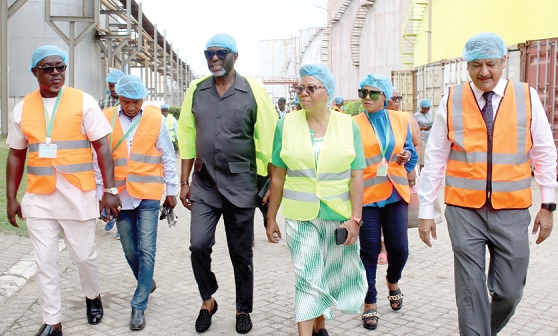 Vipul Jain (right) led Joseph Obeng (3rd from left) and some executives of GUTA on a tour of the edible oil refinery. Picture: DELLA RUSSEL OCLOO