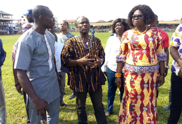 Prof. Peter Twumasi (middle) providing an explanation to Justina Owusu-Banahene (right), the Bono Regional Minister, and Foster Kwame Boakye, acting Bono Regional Director of the NSA, during their inspection