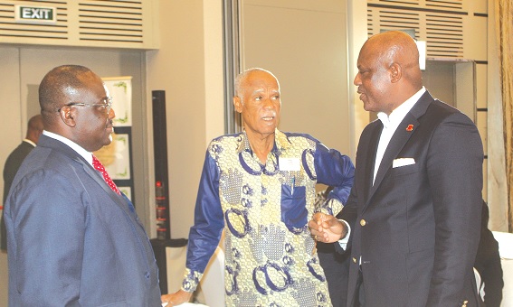 Ato Afful (right), MD, GCGL, in a chat with former Editors of the Graphic Business, Benard Otabil (left) and Lloyd Evans. Picture: Esther Adjorkor Adjei