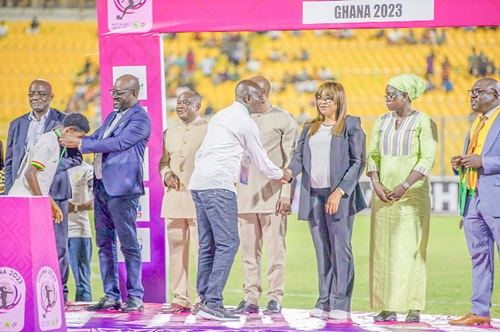 Moment of pride : Coach Basigi leads his team for the medal decoration moments after claiming the 2023 African Games gold medal against Nigeria at the Cape Coast Stadium