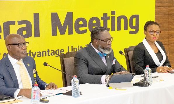 Charles Ofori-Acquah (left), Chairman of the Board, Charles Okyere (middle), Company Secretary, and Solace Fiadjoe (right), a trustee, at the Annual General Meeting