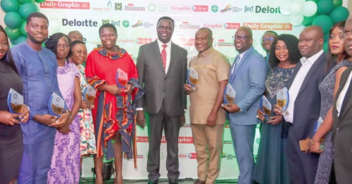 Dr Yaw Osei Adutwum (5th from left), Minister of Education, with Prof. Amevi Acakpovi (4th from right), acting Vice-Chancellor, Accra Technical University; Salifu Nat Acheampong (2nd from right), Manager of Corporate Communications and External Affairs, Bulk Oil Storage and Transportation Limited; Odelia Ntiamoah (4th from left), Think Energy SDG Transition Captain of Africa Winner; and some award winners after the ceremony. Pictures: ELVIS NII NOI DOWUONA