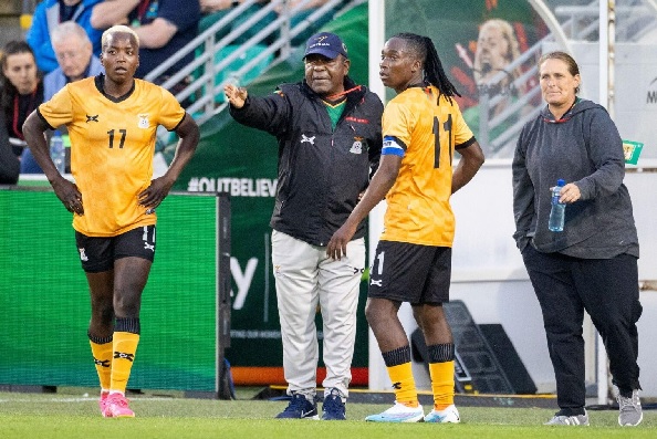 Bruce Mwape with his star strikers Reacheal Kundananji (left) and Barbra Banda on the sideline during the Republic of Ireland WNT v Zambia WNT, International Friendly match in preparation for the FIFA Women’s World Cup at Tallaght Stadium on June 22nd, 2023, in Dublin, Ireland. (Photo by Tim Clayton/Corbis via Getty Images)