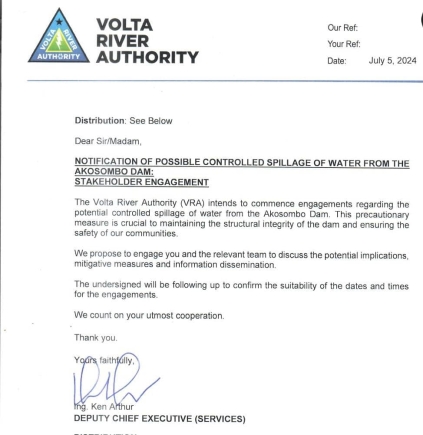 Akosombo Dam: VRA announces potential spillage of excess water