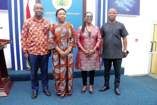  Ursula Owusu-Ekuful (2nd from right), Minister of Communications and Digitalisation, with Fatimatu Abubakar (2nd from left), Minister of Information; Sylvester Tetteh (right), Deputy Minister of Information, and Charles Acheampong (left), Deputy Minister of Communications, after the press conference in Accra. Picture: ELVIS NII NOI DOWUONA