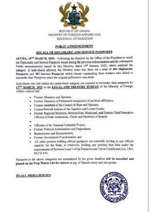 The Ministry has emphasized that any passports in these categories not surrendered by the specified deadline will be canceled and added to the Stop-Watch List, making them subject to seizure at any of Ghana’s entry and exit points.