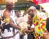 Nana Ansah Sasraku III (right), Chief of Mamfe Akwapim in the Eastern Region, congratulating Daasebre Akuamoah Boateng Ill (left), Omanhene of the Kwahu Traditional Area, during the unveiling. Picture: CALEB VANDERPUYE