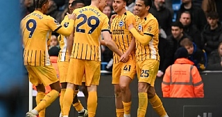 Brighton & Hove Albion players celebrating their achievement